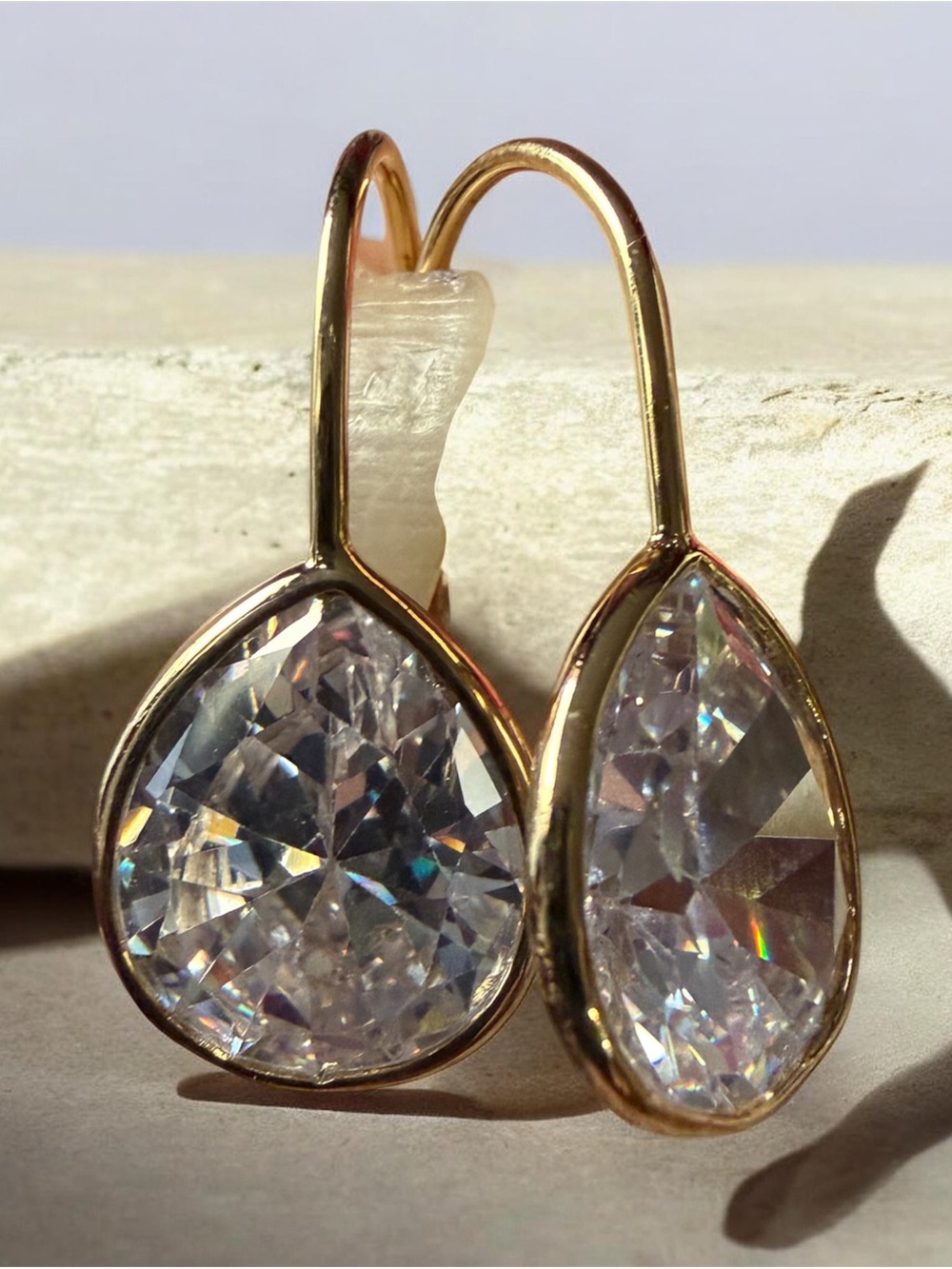 Vermeil Teardrop Crystal Dangle Earrings - Clear Sparkle
